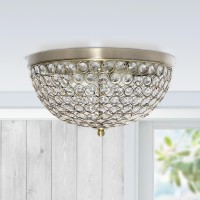 Elegant Designs Elipse Crystal 13 Inch Modern Metal 2 Light Bowl Shaped Ceiling Flush Mount Fixture For Bedroom, Living Room, Entryway, Hallway, Foyer, Dining Room, Antique Brass