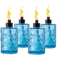 Tesrago 4 Pack Blue Glass Table Top Torches With Wick And Cap Citronella Torches Outdoor Refillable Flame Light Torch Decorative