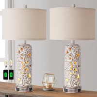 Roriano Set Of 2 Rustic Farmhouse Table Lamps For Living Room Bedroom, Vintage Bedside Lamp With Dual Usb Port, Antique White Resin Retro Nightstand Lamps With Night Light, 2 Bulbs Include