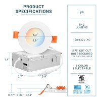 Parmida (6 Pack) 3 Inch Dimmable 5Cct Ultra-Thin Led Recessed Ceiling Light With Junction Box, 5 Color Selectable 2700K/3000K/3500K/4000K/5000K, 8W, Canless Wafer Slim Panel Downlight, Ic Rated, Etl