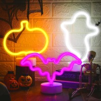 Vihose 3 Pcs Neon Light Halloween Decorations Led Lamps Ghost Pumpkin Bat Shape Neon Signs Decorative Battery Operated Night Lig