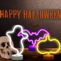 Vihose 3 Pcs Neon Light Halloween Decorations Led Lamps Ghost Pumpkin Bat Shape Neon Signs Decorative Battery Operated Night Lig