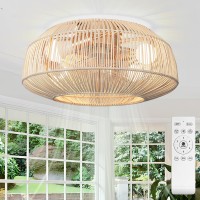 Frstem Boho Caged Ceiling Fan With Lights Remote Control Kit 20 Flush Mount Rattan Fandelier Enclosedlow Profile6Speed