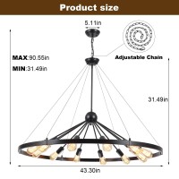 Wtyuio 12 Lights Farmhouse Black Wagon Wheel Chandeliers Diam 43'', Large Rustic Metal Round Chandelier For Dining Room, Hanging Pendant Light Fixture For Living Room Entryway Foyer Kitchen