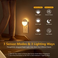 Yunlex 2 Pack Plug In Night Light With Motion Sensor And Dusk To Dawn Sensor Stepless Dimming Warm White Led Nightlight With 3