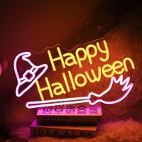 Happy Halloween Neon Sign Witch Hat Neon Sign Dimmable Broom Led Wall Decor Neon Lights Halloween Decorations For Home Spooky Pa