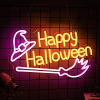 Happy Halloween Neon Sign Witch Hat Neon Sign Dimmable Broom Led Wall Decor Neon Lights Halloween Decorations For Home Spooky Pa