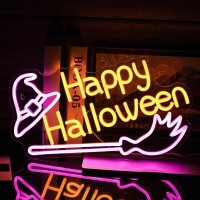 Happy Halloween Neon Sign Witch Hat Neon Sign Dimmable Broom Led Wall Decor Neon Lights Halloween Decorations For Home Spooky Pa