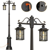 Oykyohei Outdoor Lamp Post Light With Gfci Outlet, Dusk To Dawn Waterproof Street Lighting, Waterproof Double Head Anti-Rust Aluminum Lantern Fixture For Backyard Driveway Garden Patio