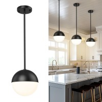 Lms 8Inch Modern Globe Pendant Light Frosted Glass With Black Finish Contemporary Mid Century Adjustable Hanging Light Fixture