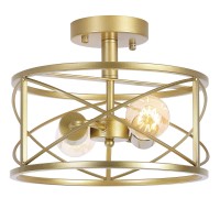 Gold Semi Flush Ceiling Light Fixture 2Light Farmhouse Flush Mount Light Fixtures Modern Industrial Metal Cage Pendant Lighti