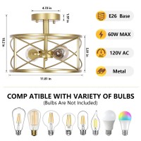 Gold Semi Flush Ceiling Light Fixture 2Light Farmhouse Flush Mount Light Fixtures Modern Industrial Metal Cage Pendant Lighti