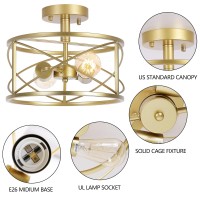 Gold Semi Flush Ceiling Light Fixture 2Light Farmhouse Flush Mount Light Fixtures Modern Industrial Metal Cage Pendant Lighti