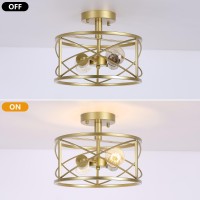 Gold Semi Flush Ceiling Light Fixture 2Light Farmhouse Flush Mount Light Fixtures Modern Industrial Metal Cage Pendant Lighti