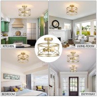 Gold Semi Flush Ceiling Light Fixture 2Light Farmhouse Flush Mount Light Fixtures Modern Industrial Metal Cage Pendant Lighti