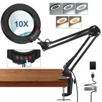 Magnieopti 10X Magnifying Glass With Light And Clamp 5 Color Modes Stepless Dimmable Real Glass Lighted Magnifier Hands Free L