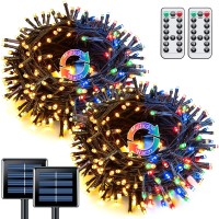 Jmexsuss 2 Pack Warm White & Multicolor Solar Christmas Lights With 11 Modes Remote, Each 100 Led 42.7Ft Solar Color Changing Lights Outdoor Waterproof For Christmas Halloween Decorations