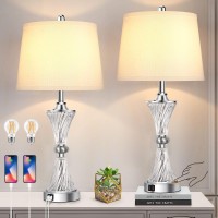 Set Of 2 Touch Control Glass Table Lamps With 2 Usb Charging Ports 3Way Dimmable Modern Bedside Nightstand Lamp Silver Desk L