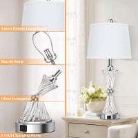 Set Of 2 Touch Control Glass Table Lamps With 2 Usb Charging Ports 3Way Dimmable Modern Bedside Nightstand Lamp Silver Desk L