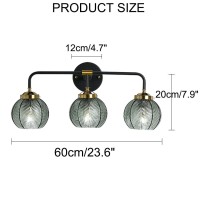 Qufute Bathroom Vanity Light 3-Light Glass Wall Lights Green Ribbed Glass Shade Mid Century Modern Globe Wall Sconces Black Gold Vintage Wall Lamp For Mirror Bedroom Hallway