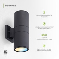 Asd Led 2-Way Round Cylinder Wall Light Fixture | 18W 1900Lm 3000K-5000K 120V | 3Cct, Dimmable, Waterproof, Etl Listed | Exterior Patio Up-Down Lighting Sconce, Outdoor Porch Lamp | Black, 2 Pack