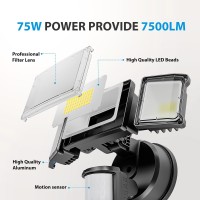 Atfoyer 75W Motion Sensor Outdoor Lights Security Lights 3 Head Motion Detection Outdoor Lights 6500K Ip65 Waterproof 7500Lm Flo