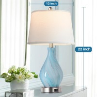 Modern Accent Table Lamp Set Of 2 Touch Control 22 Faded Swirl Blue Gray Art Glass Bedside Lamp With Usb Ports 3Way Dimmabl