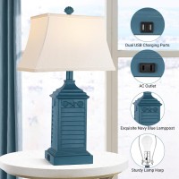 Set Of 2 Table Lamps For Living Room Bedrooms Coastal Nautical Navy Blue Bedside Nightstand Lamp With 2 Usb Ports 1 Ac Outlet