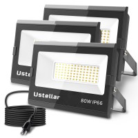 Ustellar Flood Lights Outdoor Plug In 3 Pack 80W Floodlight 800W Equiv 24000Lm Bright Portable Work Light Led Security Light I