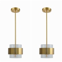 Mins Familio Modern Decor Adjustable Pendant Lamp Kitchen Island, Cylinder Glass Shade Gold Ring 1-Light Indoor Ceiling Hanging Light For Dining Room Shop Restaurant (Clear, Rod Hang, 2-Pack)