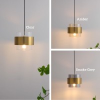 Mins Familio Modern Decor Adjustable Pendant Lamp Kitchen Island, Cylinder Glass Shade Gold Ring 1-Light Indoor Ceiling Hanging Light For Dining Room Shop Restaurant (Clear, Rod Hang, 2-Pack)