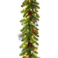 Hykolity 9 Ft. Pre-Lit Christmas Garland With 50 Warm White Lights, Artificial Christmas Garland For Doors, Windows, Mantels Or Stairway, Decorated With Pinecones, Red Berries, Battery Operated