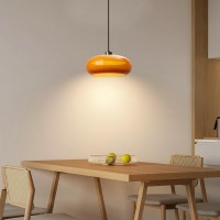 Qepeety Mid Century Modern Pendant Lights 1-Light Orange Glass Ceiling Pendant Lamps Retro Sliver Small Pendant Lighting For Bedroom Living Room Dining Room