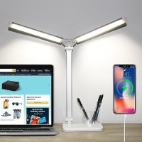 Rigors Led Desk Lamp For Home Office - Dual Swing Arm Desk Light With Usb Charging Port,Eye-Caring Foldable 5 Color Modes 10 Brightness Levels Dimmable Desk Lamp For College Dorm Room (Silver)