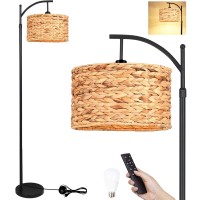 Qiyizm Floor Lamp For Living Room Bedroom Rattan Boho Arc Standing Lamp With Remote Dimmable Black Wicker Bamboo Lamp Shade Floo