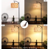 Qiyizm Floor Lamp For Living Room Bedroom Rattan Boho Arc Standing Lamp With Remote Dimmable Black Wicker Bamboo Lamp Shade Floo