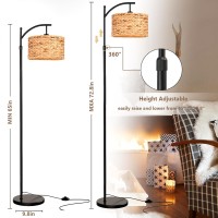 Qiyizm Floor Lamp For Living Room Bedroom Rattan Boho Arc Standing Lamp With Remote Dimmable Black Wicker Bamboo Lamp Shade Floo