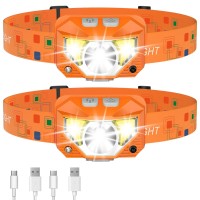 Lhknl Headlamp Flashlight, 1200 Lumen Ultra-Light Bright Led Rechargeable Headlight With White Red Light,2-Pack Waterproof Motion Sensor Head Lamp,8 Modes For Outdoor Camping Running Fishing- Orange