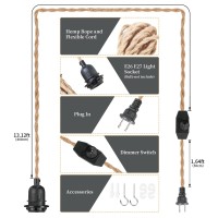 Plug In Hanging Diy Light Fixture 148Ft Pendant Lamp Lights Rope Cord E26 Bulbs Socket Natural Brownhemp Ropedimmable Switch