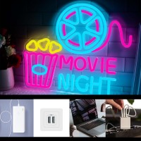 Movie Night With Popcorn Paper Box Neon Sign Cinema Led Neon Light For Wall Decor Movie Time Home Cinema Decor Dimmable Usb N