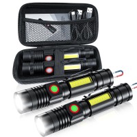 Itoncs Led Flashlight Rechargeable, 2000 Lumens Super Bright Magnetic Flashlight With Cob Work Light, Waterproof, 4 Modes, Pocket Tactical Flashlights 2 Packs Tactical Flashlights With Bag