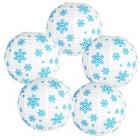 Blue White Snowflake Paper Lanterns Decorative Set 5Pcs Round Hanging Paper Lantern For Frozen Birthday Party Winter Wonderland