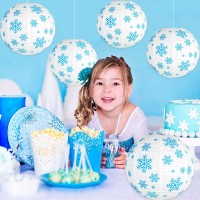 Blue White Snowflake Paper Lanterns Decorative Set 5Pcs Round Hanging Paper Lantern For Frozen Birthday Party Winter Wonderland