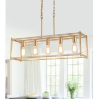 Amzasa Gold Rectangle Kitchen Island Lights Rectangular Modern Industrial Chandelier For Dining Room 5 Lights Linear Vintage Cag