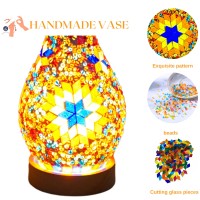 Jaitaik Mosaic Vase Lamp Turkish Moroccan Table Lamp Colorful Handmade Glass Vase With Wood Base For Flowers Usb Charge Decor