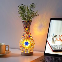 Jaitaik Mosaic Vase Lamp Turkish Moroccan Table Lamp Colorful Handmade Glass Vase With Wood Base For Flowers Usb Charge Decor