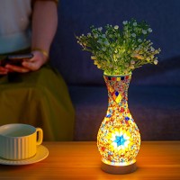 Jaitaik Mosaic Vase Lamp Turkish Moroccan Table Lamp Colorful Handmade Glass Vase With Wood Base For Flowers Usb Charge Decor