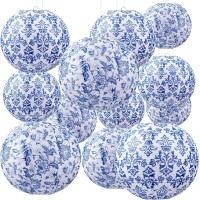 Retisee 12 Pcs Chinoiserie Paper Lantern Set 10 Inches Blue And White Porcelain Print Chinese Round Lantern Hanging Decorations