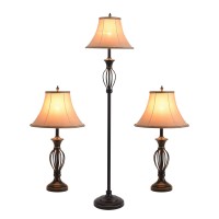 Smeike 3 Pack Lamp Set (2 Table Lamps, 1 Floor Lamp), Living Room Lamp Set Of 3, Floor And Table Lamp Set In Bronze Finish With Vintage Brown Fabric Lamp Shades, 26