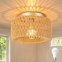 Sinerise Rattan Ceiling Light Fixtures 12Inch Led Bulb Included Handwoven Boho Flush Mount Ceiling Light Rattan Chandelie